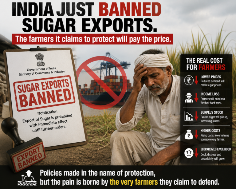 India just banned sugar exports. The farmers it claims to protect will pay the price, it claims.